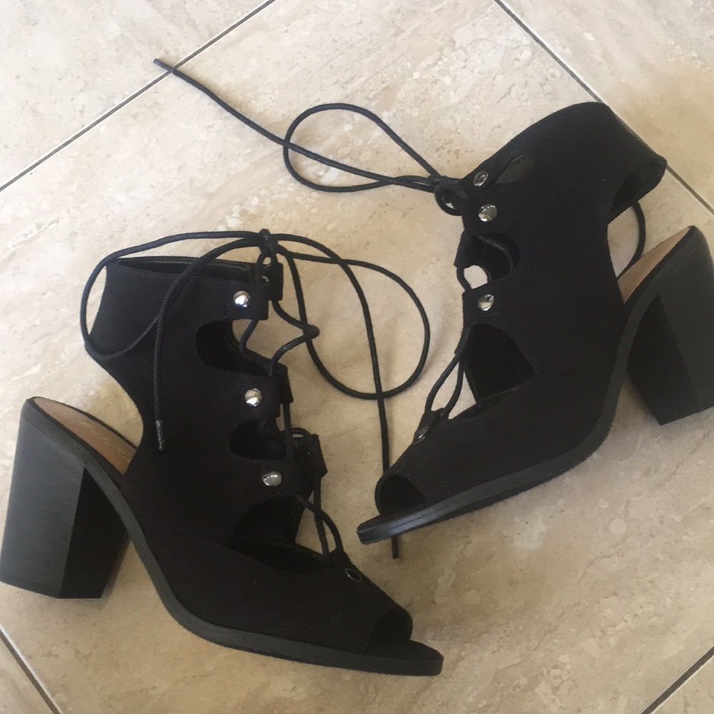 Soda lace up open toed heels